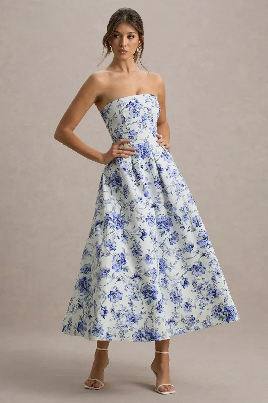 Midi dresses with ribbed textures for a unique and tactile appearance Annalise | Blue Floral Print Bandeau Skater Midi Dress