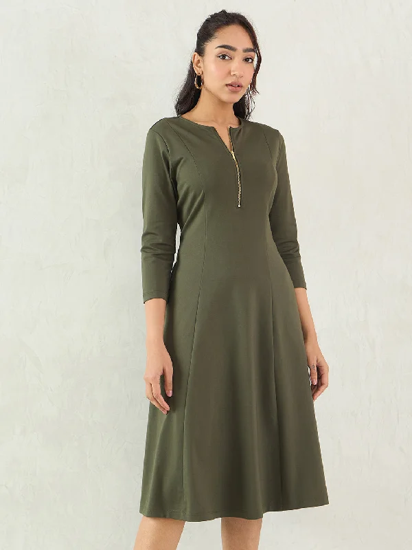 Midi dresses with lace - up fronts for a unique and adjustable style Olive Half Zip Travel Midi Dress Midi dresses with lace - up fronts for a unique and adjustable style Olive Half Zip Travel Midi Dress