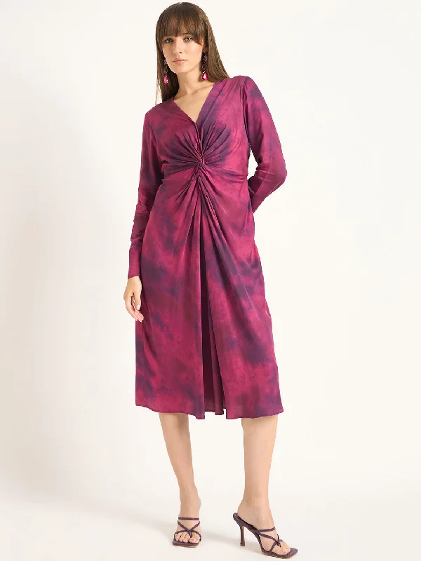 Midi dresses with puff sleeves for a vintage - inspired look Wine Printed Front Twist Detail Midi Dress