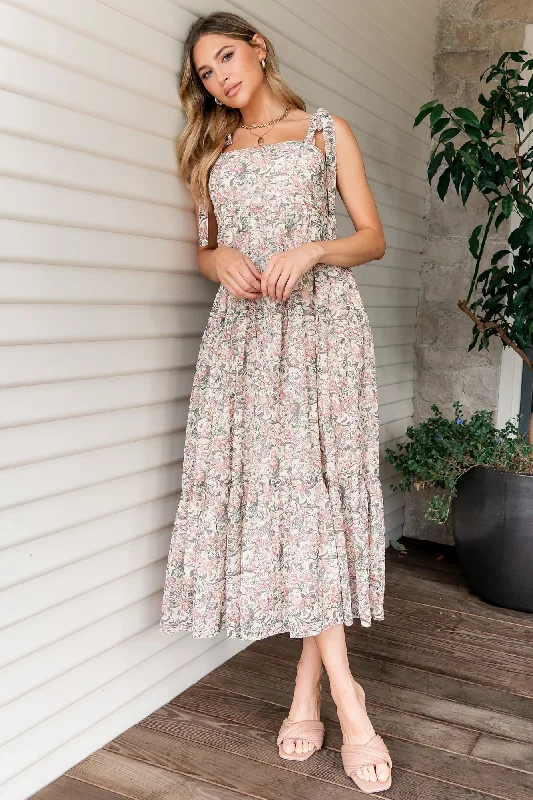 Midi dresses with gathered skirts for a full and flowing silhouette Lelisa Shoulder Tie Dress | Cream Floral Midi dresses with gathered skirts for a full and flowing silhouette Lelisa Shoulder Tie Dress | Cream Floral