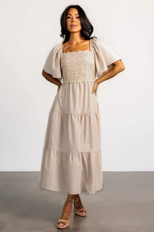 Sleeveless midi dresses with lace details for summer weddings Fauna Lace Top Dress | Natural Sleeveless midi dresses with lace details for summer weddings Fauna Lace Top Dress | Natural