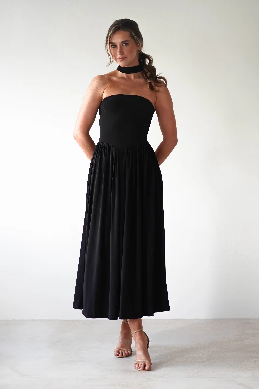 Midi dresses with satin - finish fabrics for a luxurious feel Portugal Midaxi Dress | Black Midi dresses with satin - finish fabrics for a luxurious feel Portugal Midaxi Dress | Black