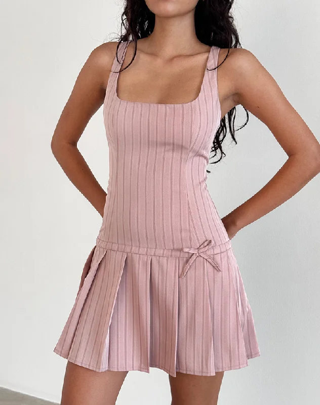 Cotton mini dresses for a comfortable everyday option Jadzia Drop Waist Mini Dress in Blush Pinstripe Cotton mini dresses for a comfortable everyday option Jadzia Drop Waist Mini Dress in Blush Pinstripe