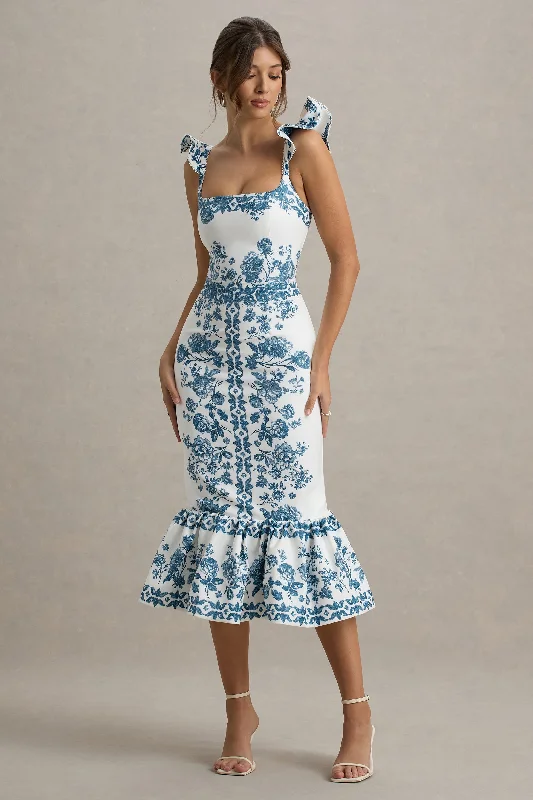 Midi dresses with fringe details for a fun and energetic style Sarey | Blue Porcelain Print Ruffle Midi Dress
