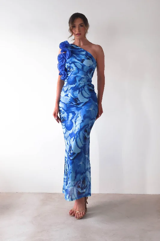 Midi dresses with cotton - blend materials for everyday comfort Genie Ruffle Printed Maxi Dress | Blue Midi dresses with cotton - blend materials for everyday comfort Genie Ruffle Printed Maxi Dress | Blue
