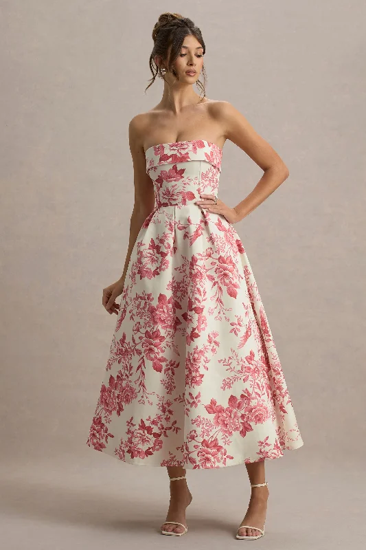 Wrap - style midi dresses in silk for a sophisticated office look Annalise | Pink Floral Print Bandeau Skater Midi Dress