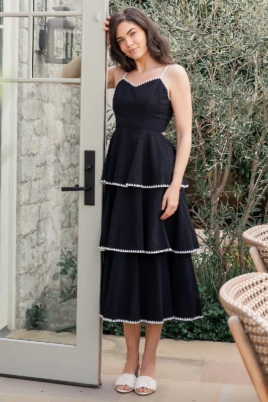 Midi dresses with side slits for a sexy and elegant appearance Odette Tiered Dress | Black + White Midi dresses with side slits for a sexy and elegant appearance Odette Tiered Dress | Black + White