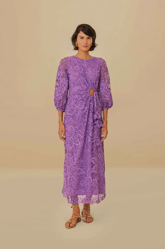 Midi dresses with satin - finish fabrics for a luxurious feel Lilac Guipure Cut-Out Midi Dress Midi dresses with satin - finish fabrics for a luxurious feel Lilac Guipure Cut-Out Midi Dress