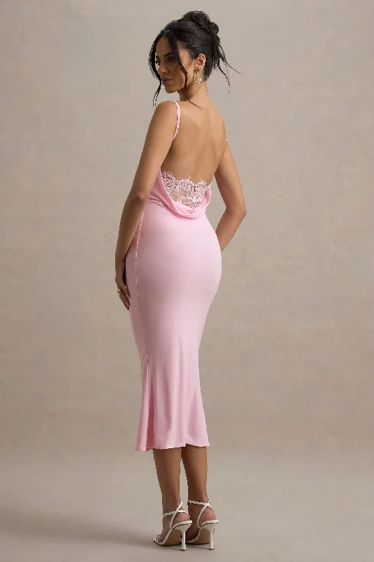 Midi dresses with ruffled bodices for a more pronounced feminine look Addison | Pink Cowl-Neck Open-Back Midi Dress With Lace Midi dresses with ruffled bodices for a more pronounced feminine look Addison | Pink Cowl-Neck Open-Back Midi Dress With Lace