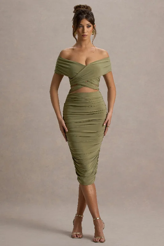 Midi dresses with pleated skirts for a timeless and elegant appeal Clovette | Olive Ruched Bardot Cut-Out Midi Dress Midi dresses with pleated skirts for a timeless and elegant appeal Clovette | Olive Ruched Bardot Cut-Out Midi Dress