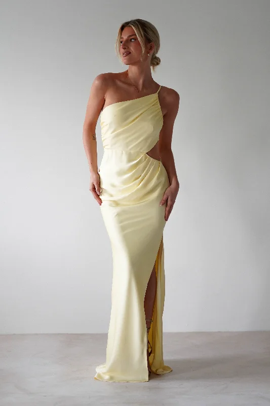 Midi dresses with printed lining for a hidden and stylish detail Lyra Soft Matte Satin Maxi Dress | Yellow