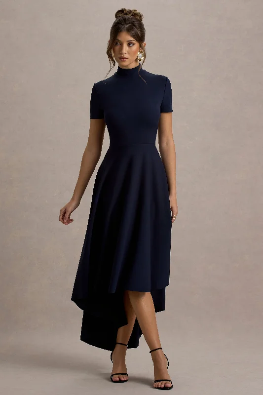 Midi dresses with fringe details for a fun and energetic style Bellona | Navy High-Neck High-Low Midi Dress Midi dresses with fringe details for a fun and energetic style Bellona | Navy High-Neck High-Low Midi Dress