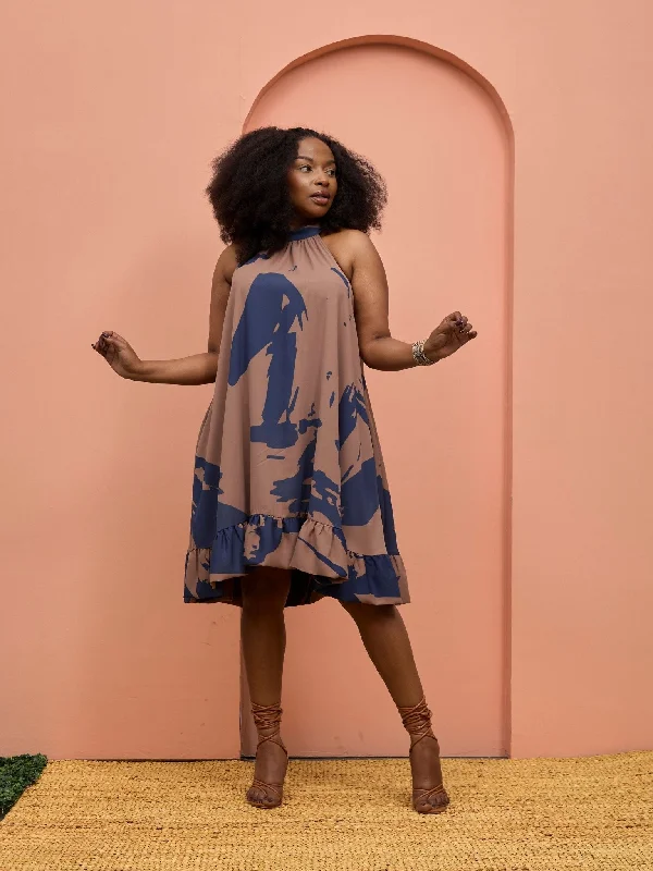 Mini dresses with high - low hems for a modern twist Vivo Beali Baby Doll Dress - Dark Taupe / Navy Lea Print Mini dresses with high - low hems for a modern twist Vivo Beali Baby Doll Dress - Dark Taupe / Navy Lea Print