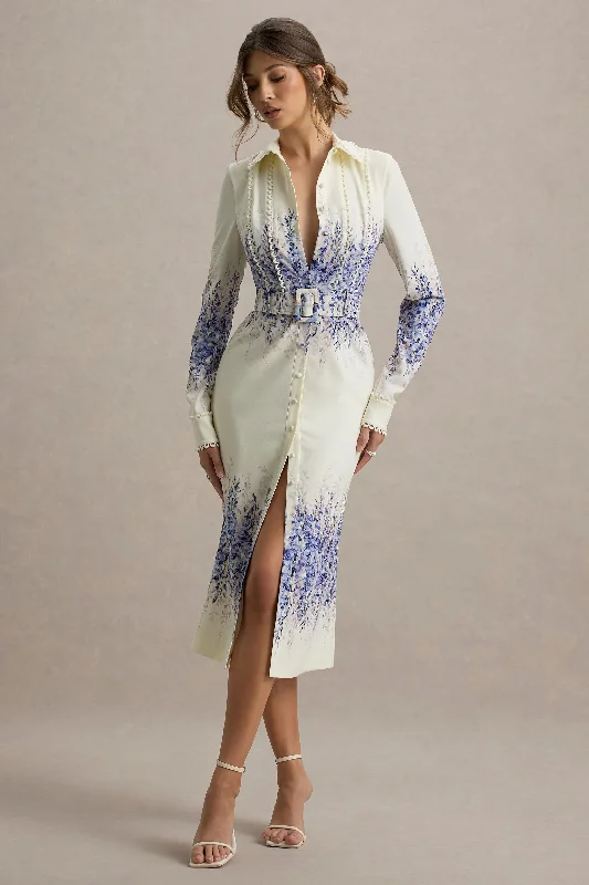 Midi dresses with V - necklines for a flattering and elongating effect Zephy | Purple Floral Print Belted Shirt Midi Dress