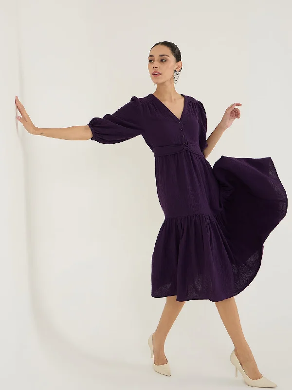 Midi dresses with ruffled hems for a romantic date night Deep Purple Cotton Knot Detail Midi Dress Midi dresses with ruffled hems for a romantic date night Deep Purple Cotton Knot Detail Midi Dress