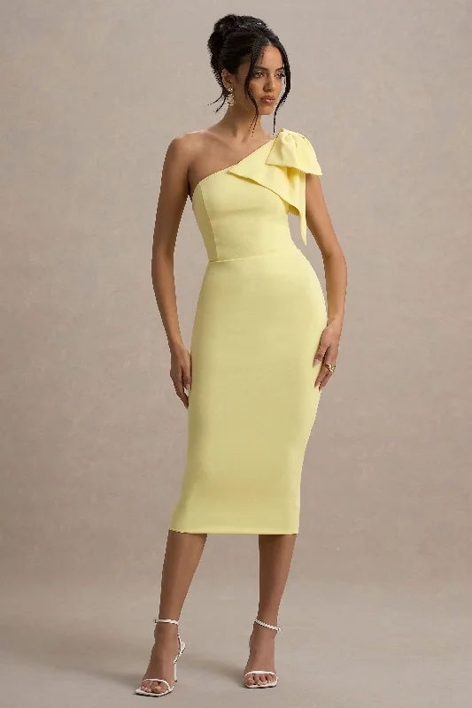 Midi dresses with pleated bodices for a classic and tailored look Ambretta | Lemon One-Shoulder Midi Dress With Bow Midi dresses with pleated bodices for a classic and tailored look Ambretta | Lemon One-Shoulder Midi Dress With Bow