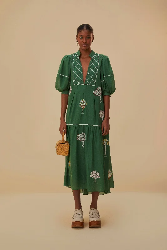 Midi dresses with geometric cutouts for a contemporary and edgy look Green Embroidered Trees Organic Cotton Midi Dress