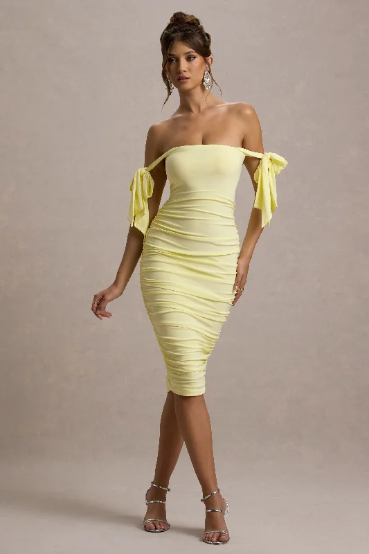 Wrap - style midi dresses in silk for a sophisticated office look Citrus | Lemon Bardot Bodycon Midi Dress With Bow Sleeves Wrap - style midi dresses in silk for a sophisticated office look Citrus | Lemon Bardot Bodycon Midi Dress With Bow Sleeves