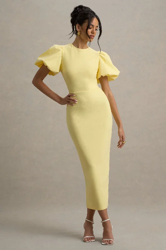 Midi dresses with bow accents for a sweet and charming look Dakota | Lemon Puff-Sleeve Midi Dress Midi dresses with bow accents for a sweet and charming look Dakota | Lemon Puff-Sleeve Midi Dress