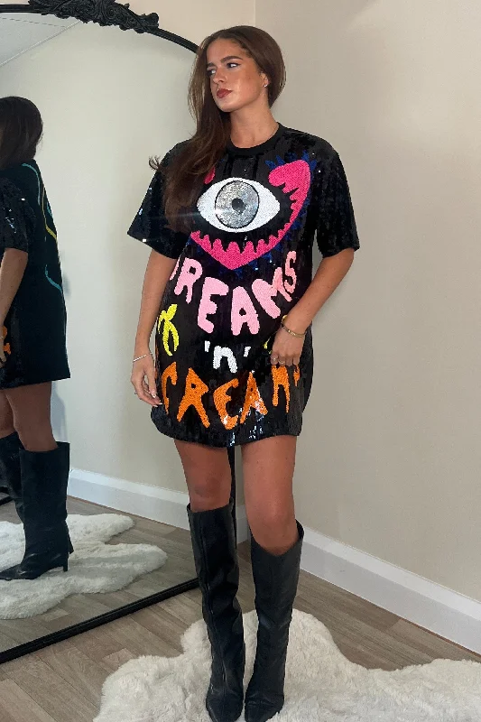 Strapless mini dresses for a beach vacation Wild Dreams - Black Multi Sequin Mini T-Shirt Dress