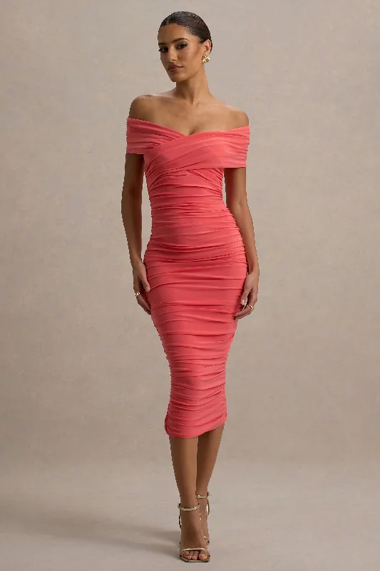 Sheath midi dresses with beaded embellishments for a formal occasion Unwrapped | Coral Ruched Twist Bardot Midi Dress Sheath midi dresses with beaded embellishments for a formal occasion Unwrapped | Coral Ruched Twist Bardot Midi Dress