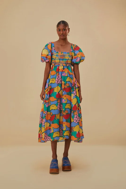 Midi dresses with embroidered accents for a unique and detailed design Multicolor Fruit Landscape Short Sleeve Midi Dress Midi dresses with embroidered accents for a unique and detailed design Multicolor Fruit Landscape Short Sleeve Midi Dress