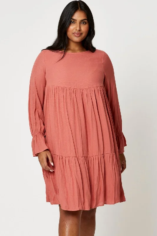 Mini dresses with belted waists for a defined silhouette Beige Smock Dress Round Neck Long Sleeve Ruffle Mini dresses with belted waists for a defined silhouette Beige Smock Dress Round Neck Long Sleeve Ruffle