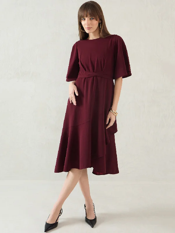 Midi dresses with button - down skirts for a unique and functional design Wine Asymmetric Midi Dress Midi dresses with button - down skirts for a unique and functional design Wine Asymmetric Midi Dress