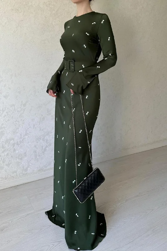 Midi dresses with denim fabric for a casual yet stylish day out Floral Print Belted High Waist Midi Dress