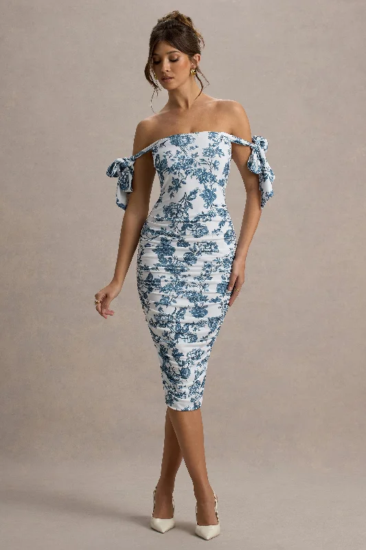 Plaid midi dresses for a fall - themed family gathering Citrus | Blue Porcelain Print Bardot Bodycon Midi Dress With Bow Sleeves Plaid midi dresses for a fall - themed family gathering Citrus | Blue Porcelain Print Bardot Bodycon Midi Dress With Bow Sleeves