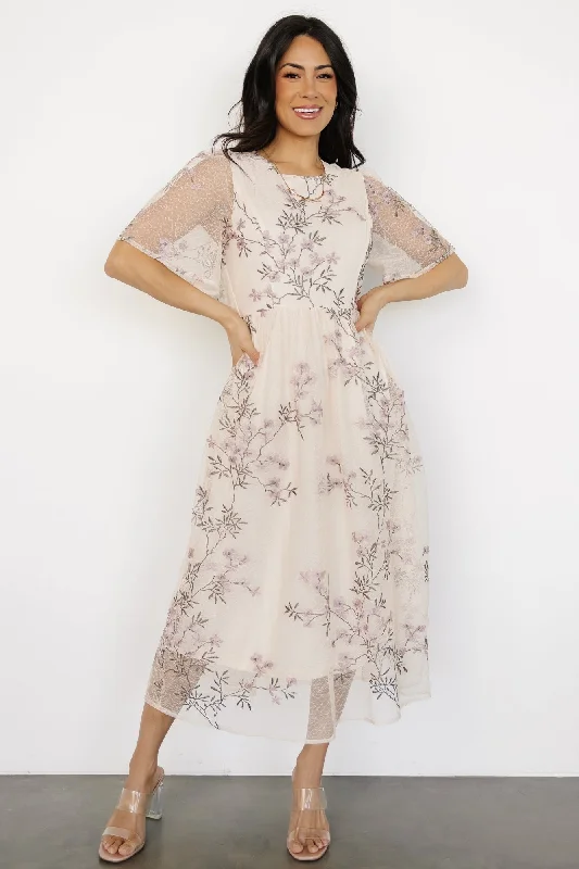 Midi dresses with ruched sleeves for a more fitted and stylish arm look Ashlee Embroidered Midi Dress | Cream + Lavender Floral Midi dresses with ruched sleeves for a more fitted and stylish arm look Ashlee Embroidered Midi Dress | Cream + Lavender Floral