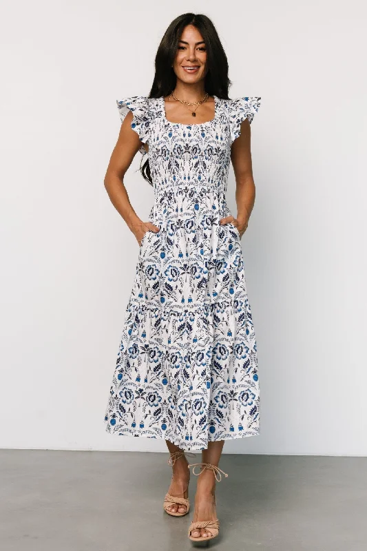 Midi dresses with off - the - shoulder necklines for a flirty look Rhodes Smocked Dress | White + Blue Print Midi dresses with off - the - shoulder necklines for a flirty look Rhodes Smocked Dress | White + Blue Print