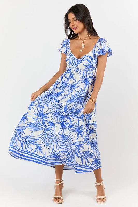 Midi dresses with pleated bodices for a classic and tailored look Palm Oasis Blue and White Leaf Printed Midi Dress Midi dresses with pleated bodices for a classic and tailored look Palm Oasis Blue and White Leaf Printed Midi Dress