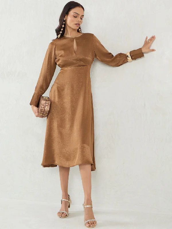 Midi dresses with tiered skirts for a bohemian festival look Brown Satin Wrap Midi Dress Midi dresses with tiered skirts for a bohemian festival look Brown Satin Wrap Midi Dress