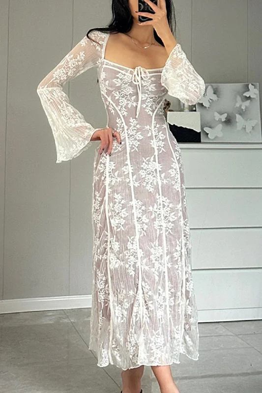Midi dresses with animal prints for a bold and confident appearance Lace Tie-up Flares Sleeve Midi Dress Midi dresses with animal prints for a bold and confident appearance Lace Tie-up Flares Sleeve Midi Dress