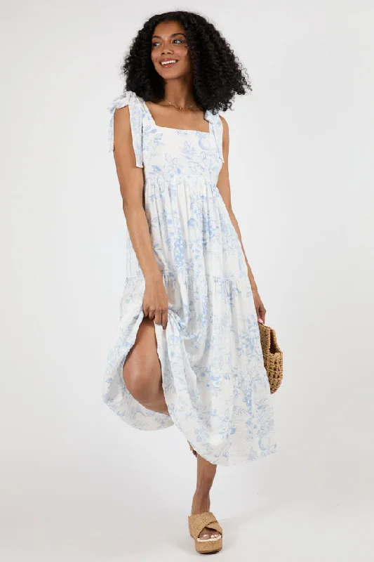 High - low midi dresses with geometric patterns for a modern party High Tide Touch Blue and Ivory Icon Printed Midi Dress High - low midi dresses with geometric patterns for a modern party High Tide Touch Blue and Ivory Icon Printed Midi Dress