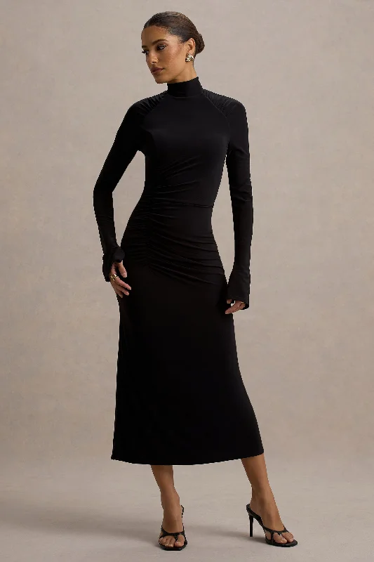 A - line midi dresses with floral prints for spring brunches Cassandra | Black High-Neck Long-Sleeve Midi Dress A - line midi dresses with floral prints for spring brunches Cassandra | Black High-Neck Long-Sleeve Midi Dress
