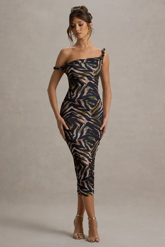 Midi dresses with wrap - around skirts for a customizable fit Nora | Zebra Print Twisted Asymmetric Midi Dress Midi dresses with wrap - around skirts for a customizable fit Nora | Zebra Print Twisted Asymmetric Midi Dress