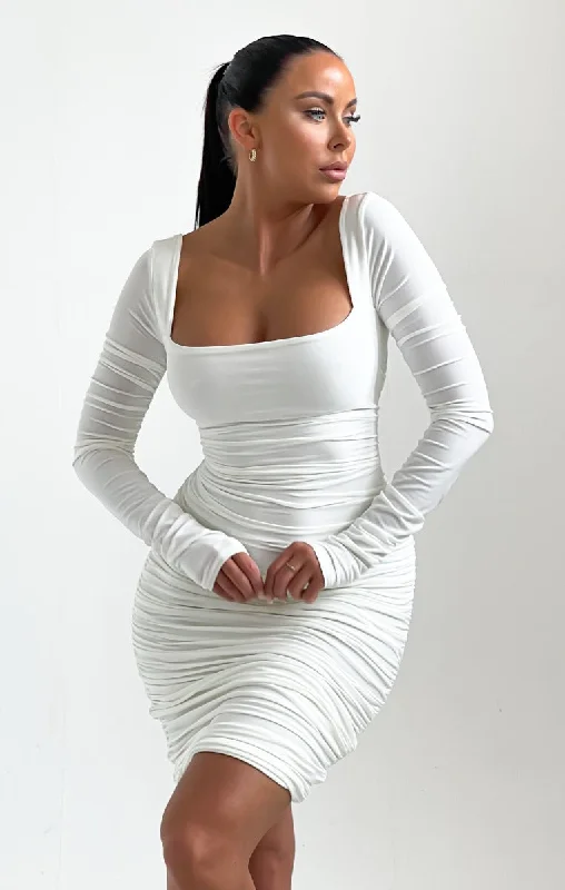 Satin mini dresses for a luxurious feel Cream Long Sleeve Ruched Square Neck Mini Dress - Alix Satin mini dresses for a luxurious feel Cream Long Sleeve Ruched Square Neck Mini Dress - Alix