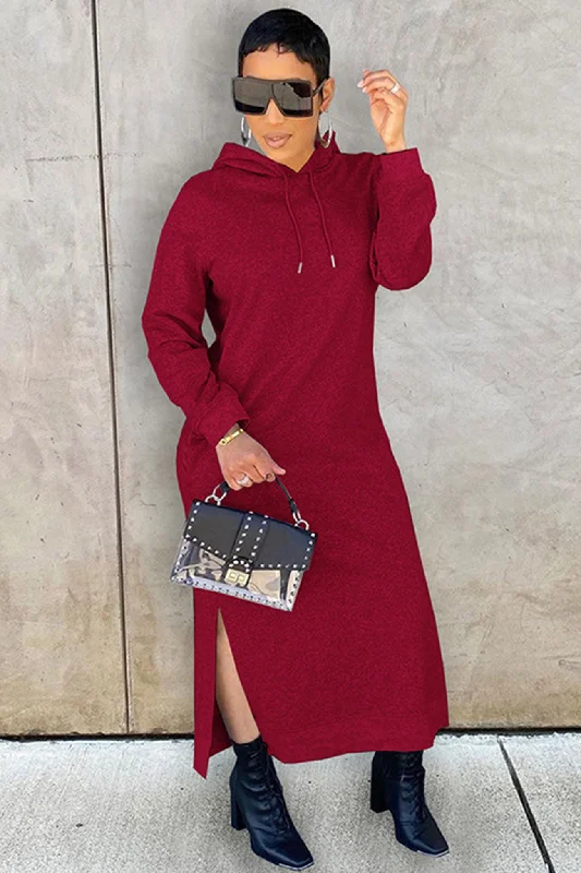 Midi dresses with satin - finish fabrics for a luxurious feel Solid Slit Hem Hoodie Dress Midi dresses with satin - finish fabrics for a luxurious feel Solid Slit Hem Hoodie Dress