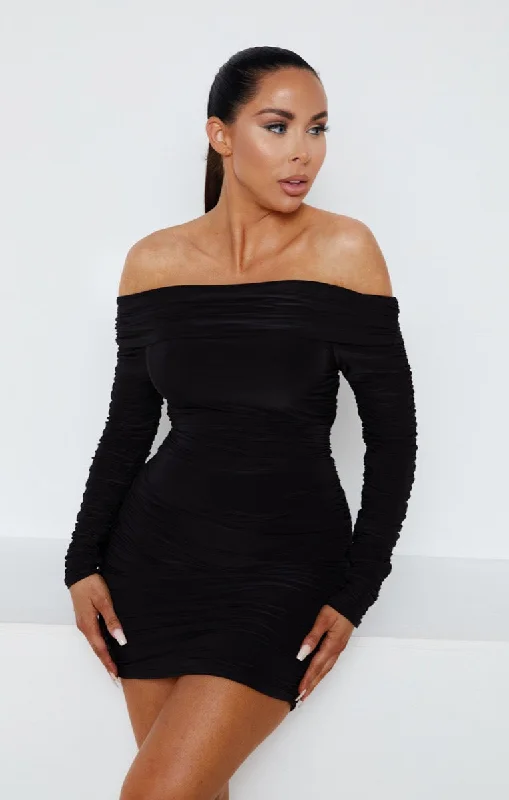 Mini dresses with tassel accents for a fun touch Black Ruched Bardot Off The Shoulder Long Sleeve Bodycon Mini Dress - Brook Mini dresses with tassel accents for a fun touch Black Ruched Bardot Off The Shoulder Long Sleeve Bodycon Mini Dress - Brook