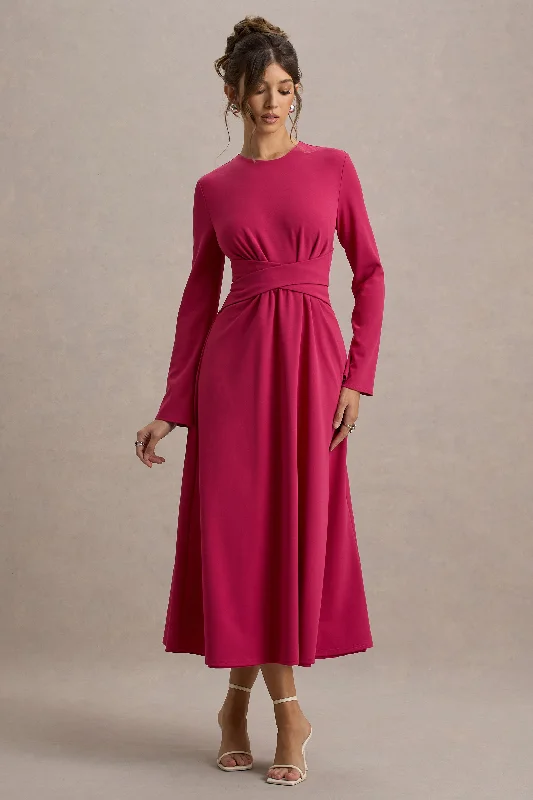Midi dresses with V - necklines for a flattering and elongating effect Cassiopeia | Hot Pink Long-Sleeve Midi Dress With Cross Waist Midi dresses with V - necklines for a flattering and elongating effect Cassiopeia | Hot Pink Long-Sleeve Midi Dress With Cross Waist