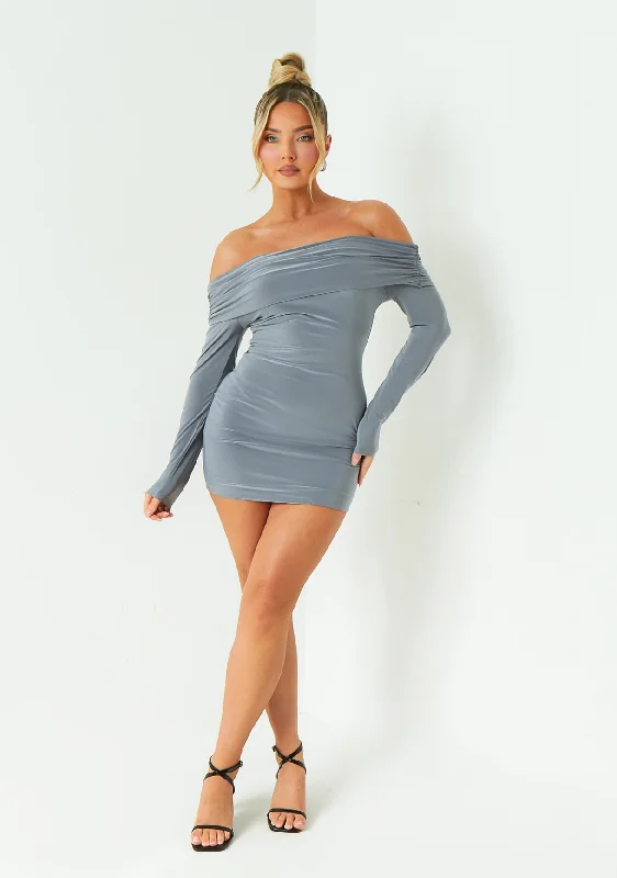 Sequined mini dresses for New Year's Eve Elle Charcoal Fold Down Long Sleeve Bardot Dress Sequined mini dresses for New Year's Eve Elle Charcoal Fold Down Long Sleeve Bardot Dress