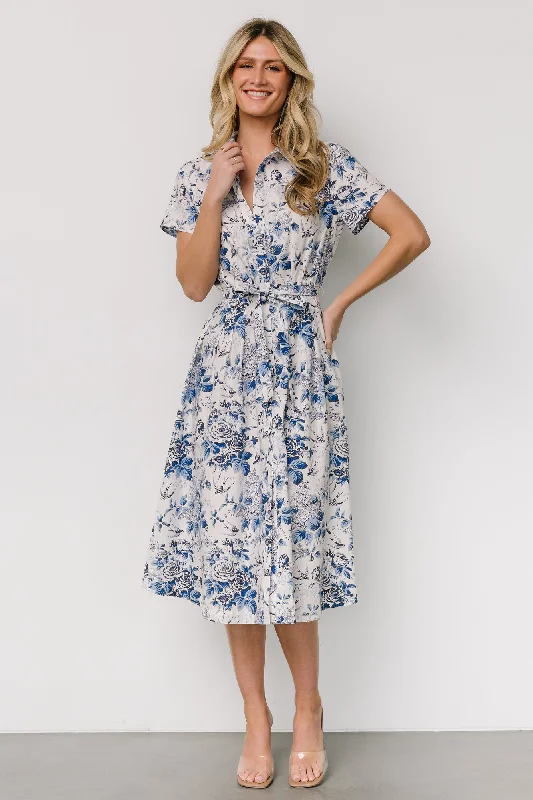 Midi dresses with V - necklines for a flattering and elongating effect Lidia Midi Dress | White + Blue Midi dresses with V - necklines for a flattering and elongating effect Lidia Midi Dress | White + Blue