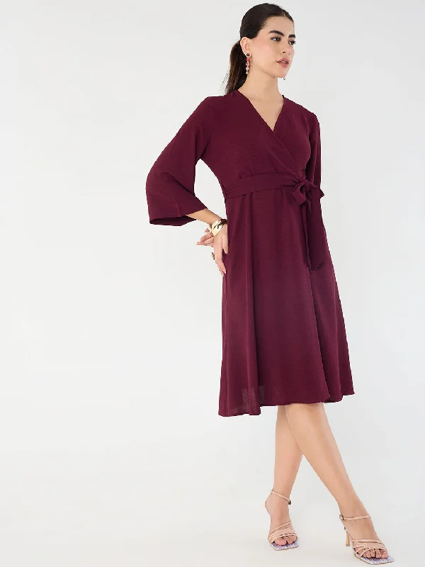 Midi dresses with belted waists to accentuate the figure Wine Wrap Midi Dress