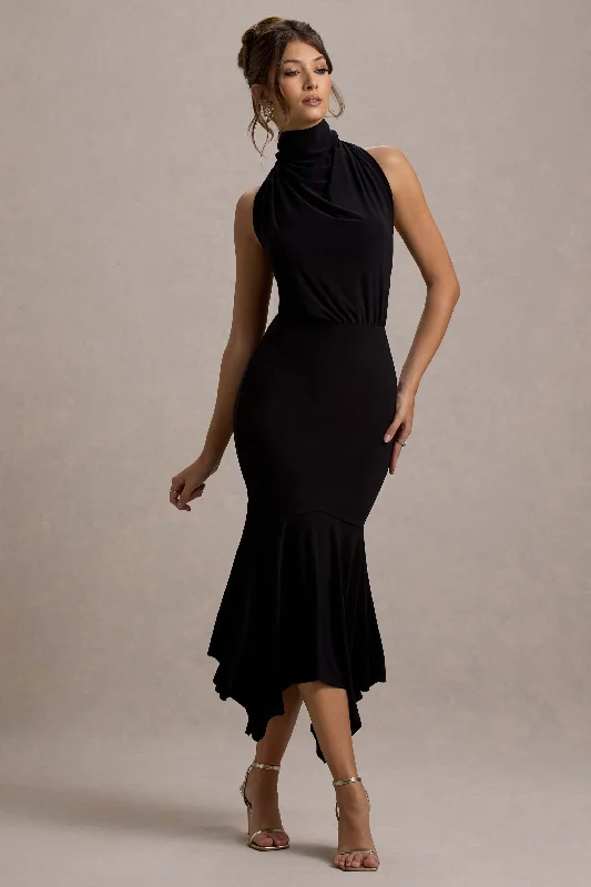 Plaid midi dresses for a fall - themed family gathering Prianyka | Black High-Neck Draped Midi Dress