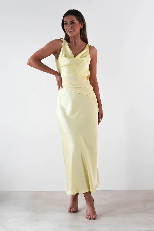 Midi dresses with pleated skirts for a timeless and elegant appeal Thea Mesh Midriff Soft Satin Maxi Dress | Yellow