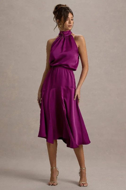 Midi dresses with embroidered accents for a unique and detailed design Palonia | Pink Satin High-Neck Split Midi Dress Midi dresses with embroidered accents for a unique and detailed design Palonia | Pink Satin High-Neck Split Midi Dress