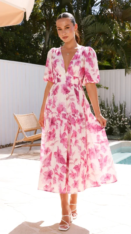 Maxi - inspired midi dresses with flowing fabrics for a beachy vibe Erin Midi Dress - Pink Floral