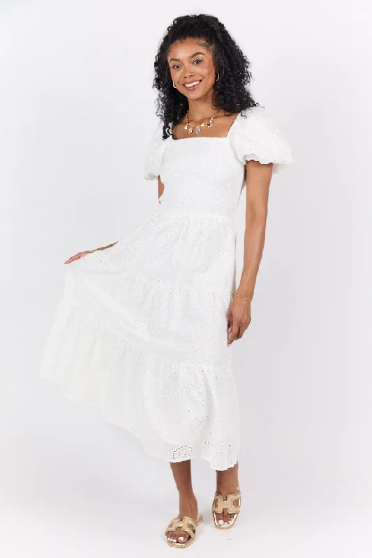 Midi dresses with abstract art prints for an artistic statement Forget Me Not White Eyelet Short Sleeve Midi Dress Midi dresses with abstract art prints for an artistic statement Forget Me Not White Eyelet Short Sleeve Midi Dress